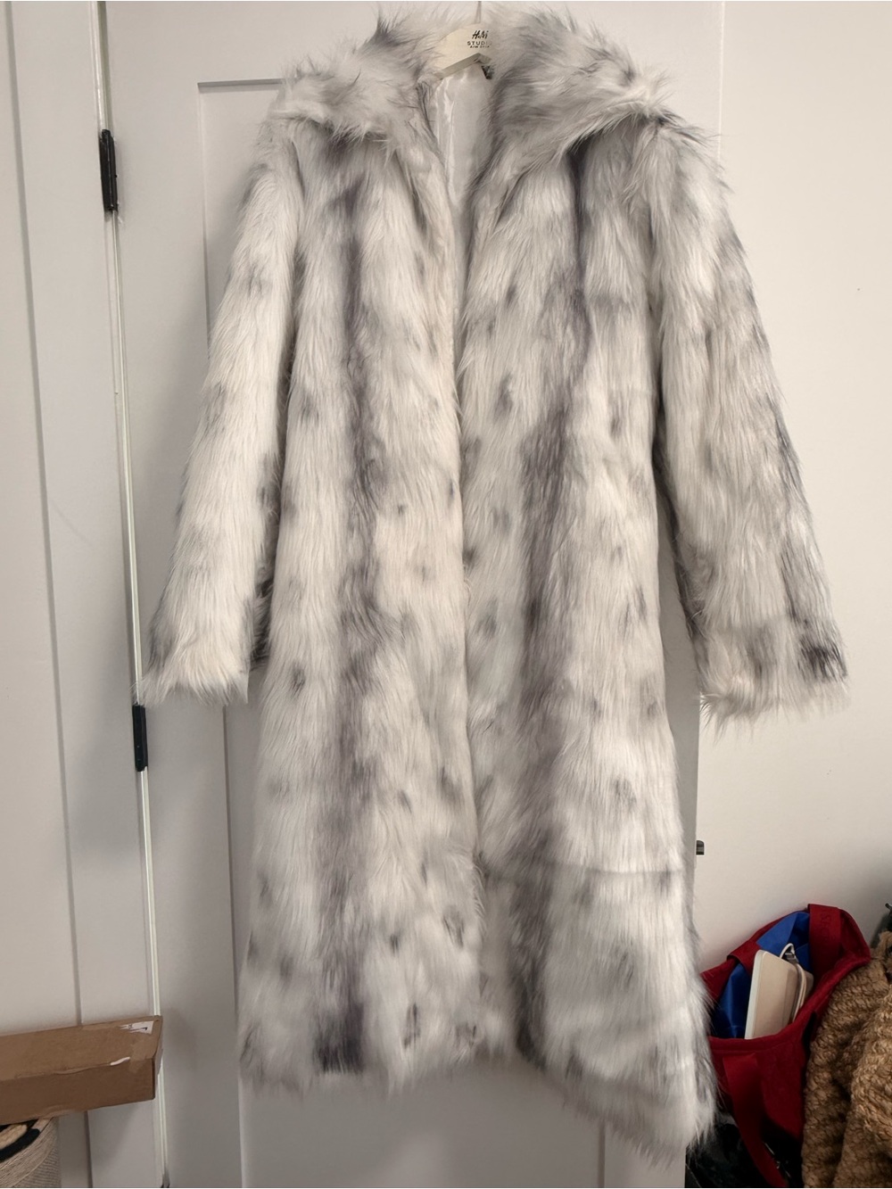 Long Faux Fur Coat in White and Gray